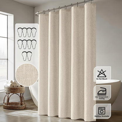 Cream Beige Linen Textured Fabric Shower Curtain Set - W72xL72