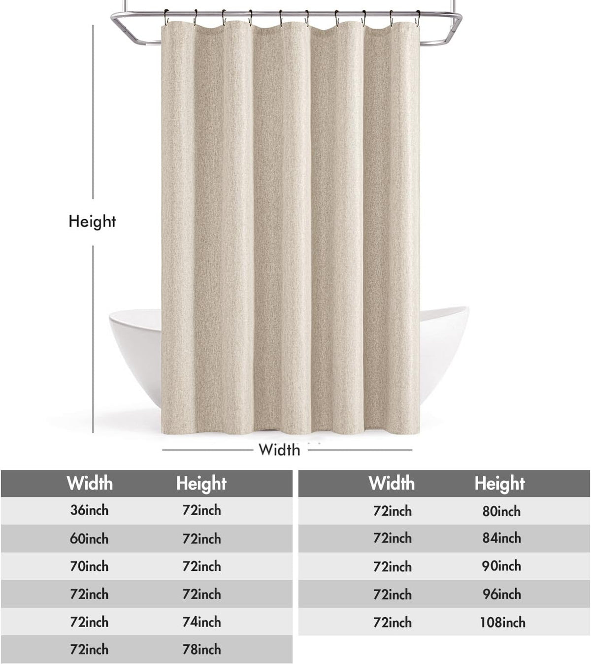 Cream Beige Linen Textured Fabric Shower Curtain Set - W72xL72