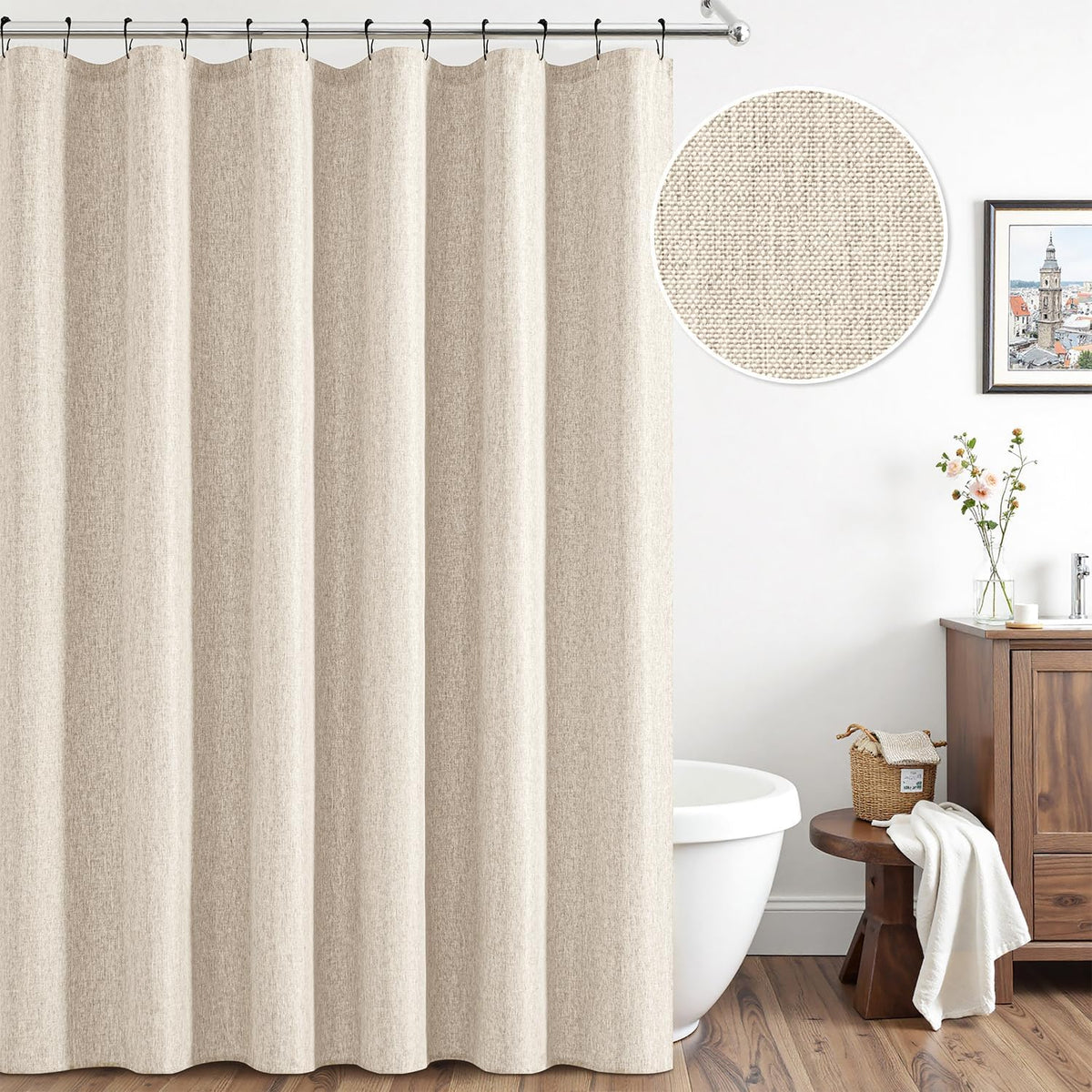 Cream Beige Linen Textured Fabric Shower Curtain Set - W72xL72