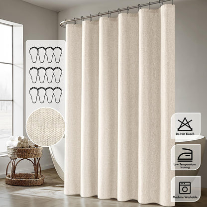 Cream Beige Linen Textured Fabric Shower Curtain Set - W72xL72