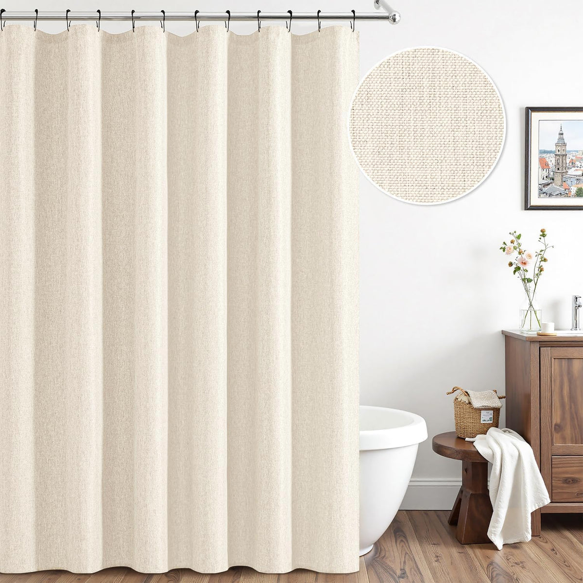 Cream Beige Linen Textured Fabric Shower Curtain Set - W72xL72