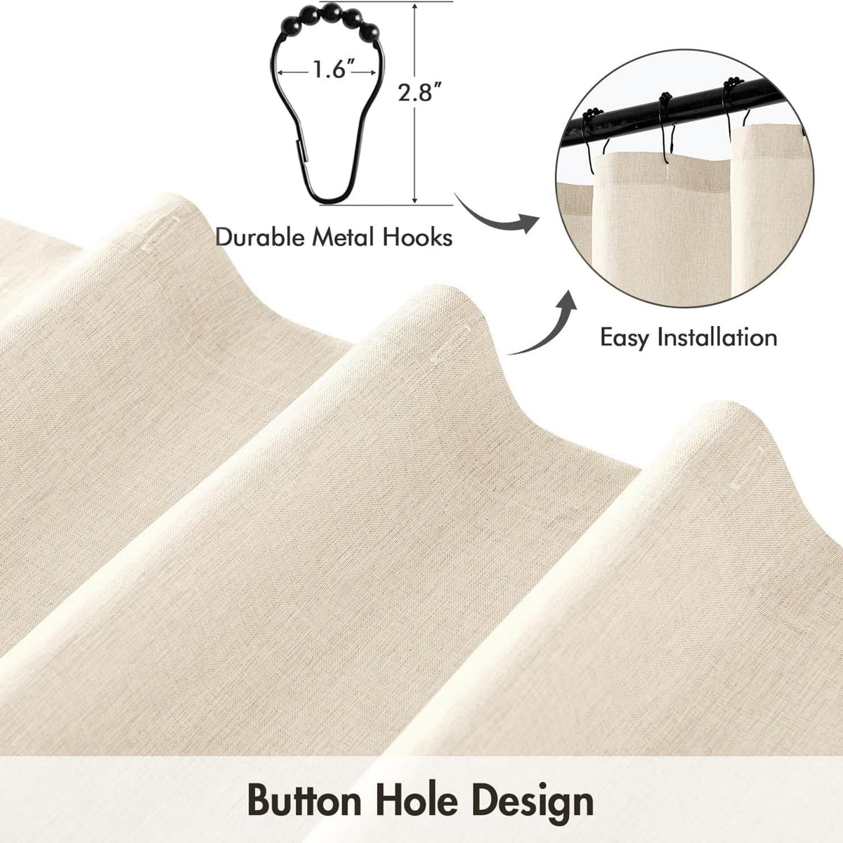 Cream Beige Linen Textured Fabric Shower Curtain Set - W72xL72