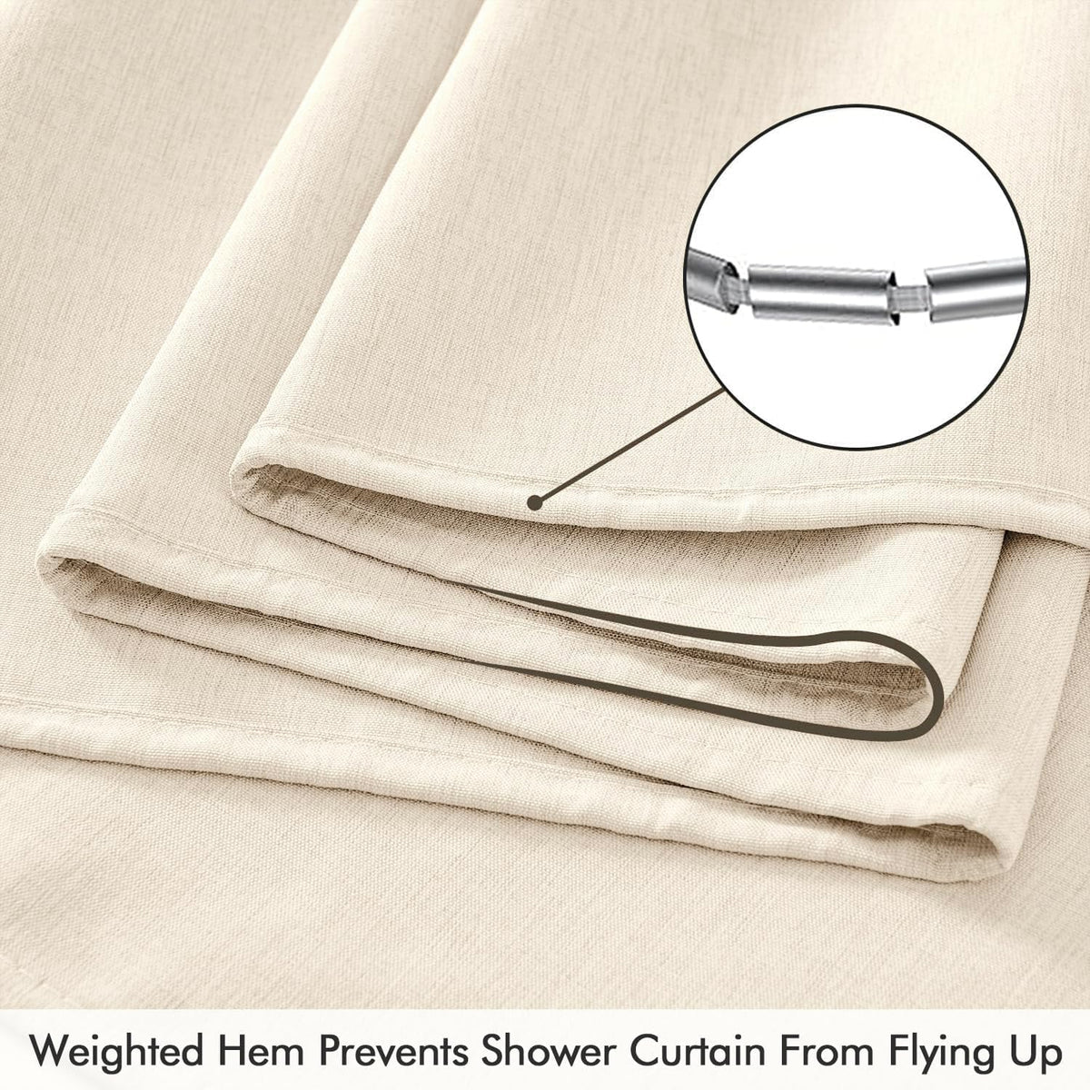 Cream Beige Linen Textured Fabric Shower Curtain Set - W72xL72