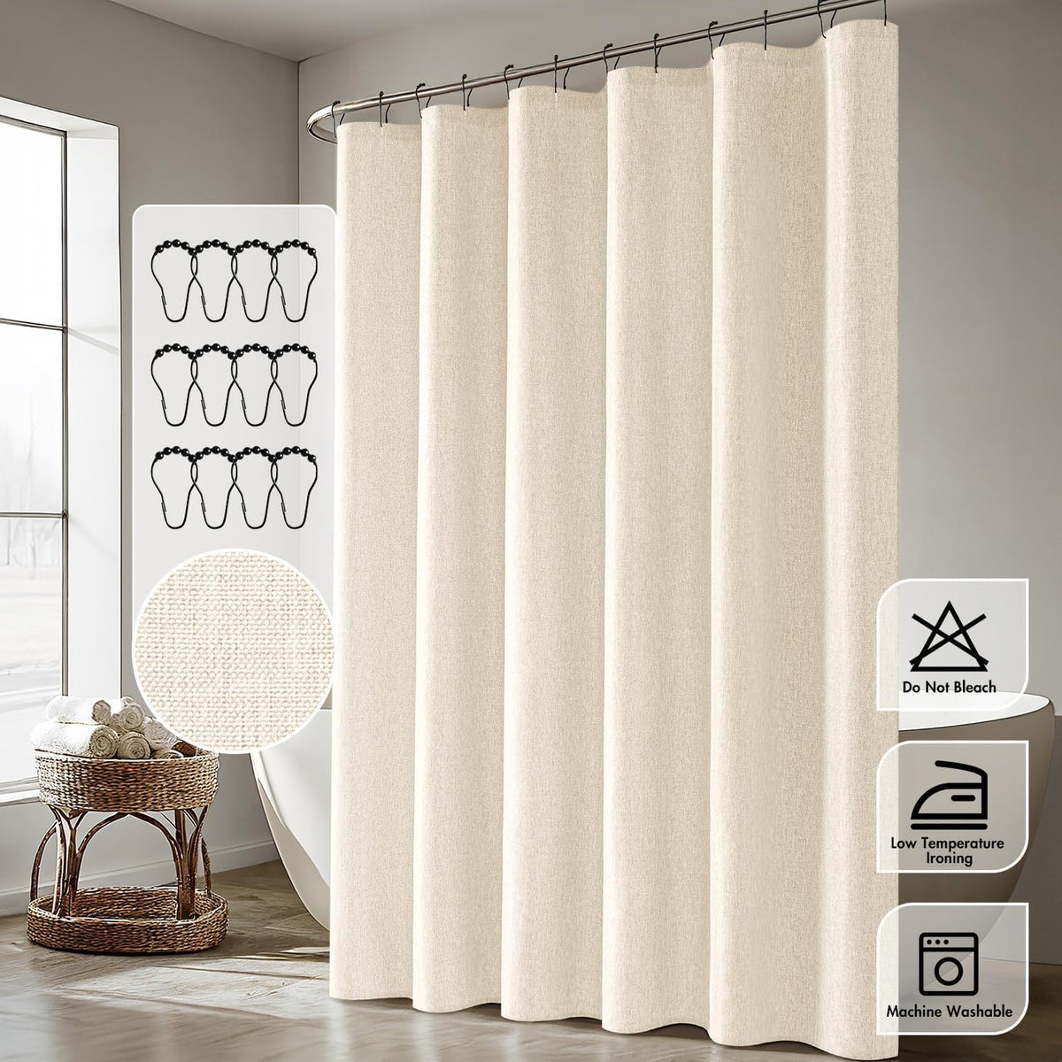Cream Beige Linen Textured Fabric Shower Curtain Set - W72xL72