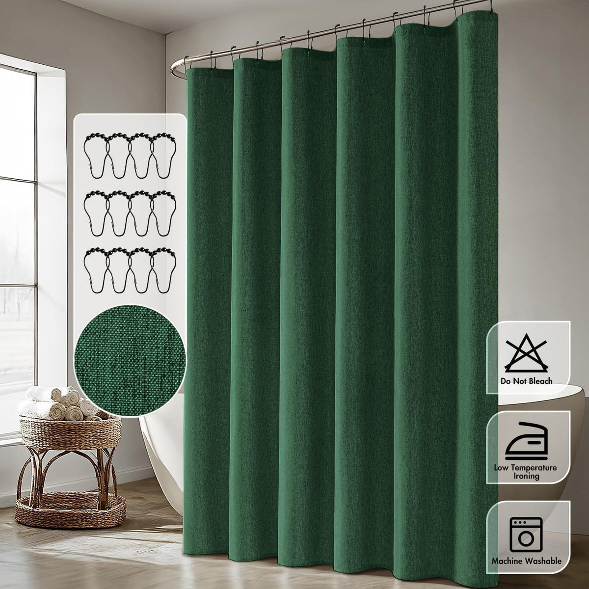 Cream Beige Linen Textured Fabric Shower Curtain Set - W72xL72