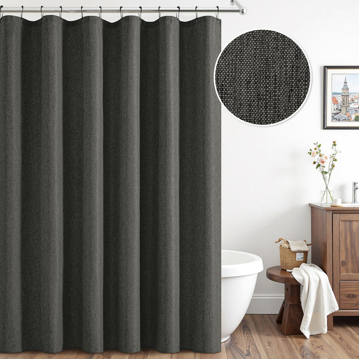 Cream Beige Linen Textured Fabric Shower Curtain Set - W72xL72