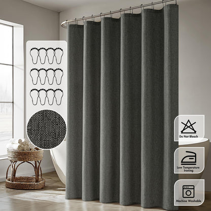 Cream Beige Linen Textured Fabric Shower Curtain Set - W72xL72