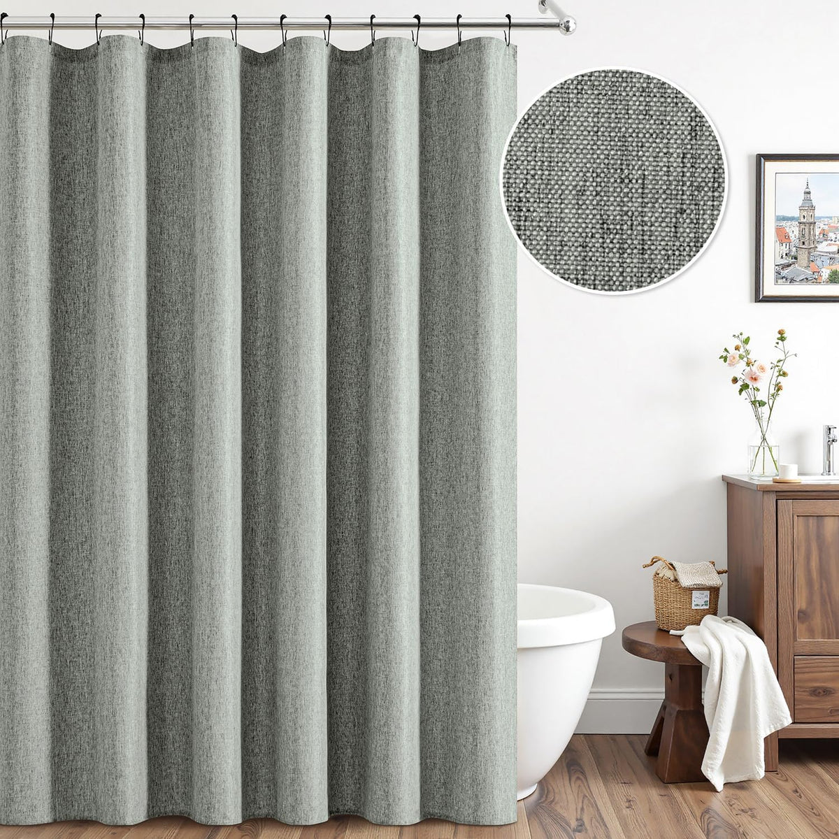 Cream Beige Linen Textured Fabric Shower Curtain Set - W72xL72