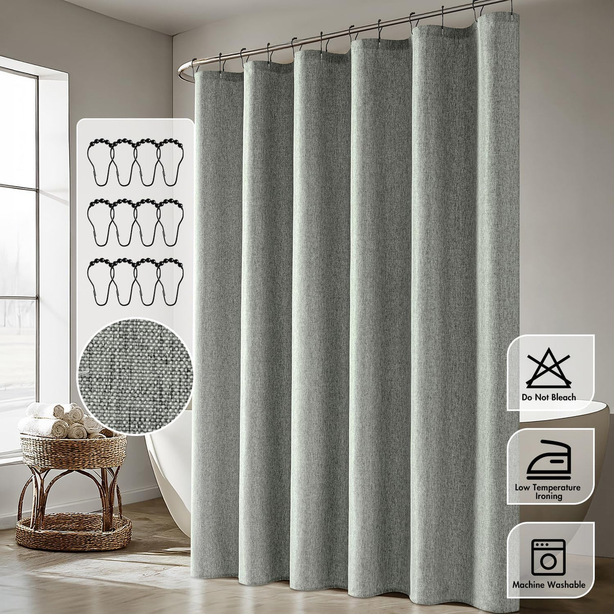 Cream Beige Linen Textured Fabric Shower Curtain Set - W72xL72