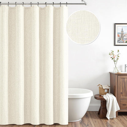 Cream Beige Linen Textured Fabric Shower Curtain Set - W72xL72