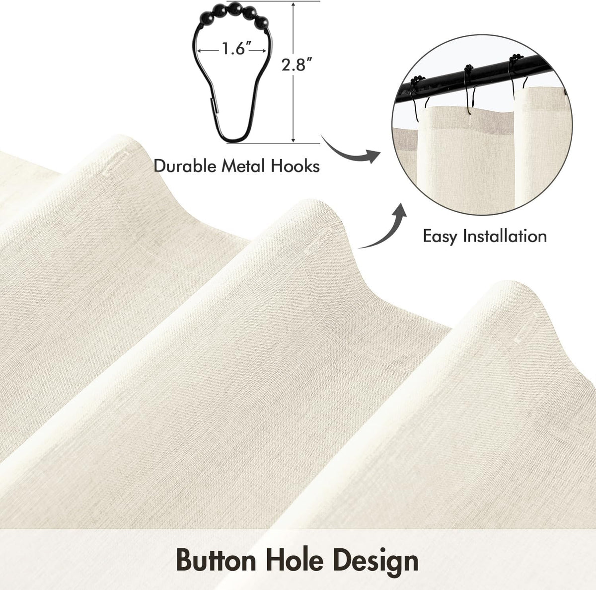 Cream Beige Linen Textured Fabric Shower Curtain Set - W72xL72