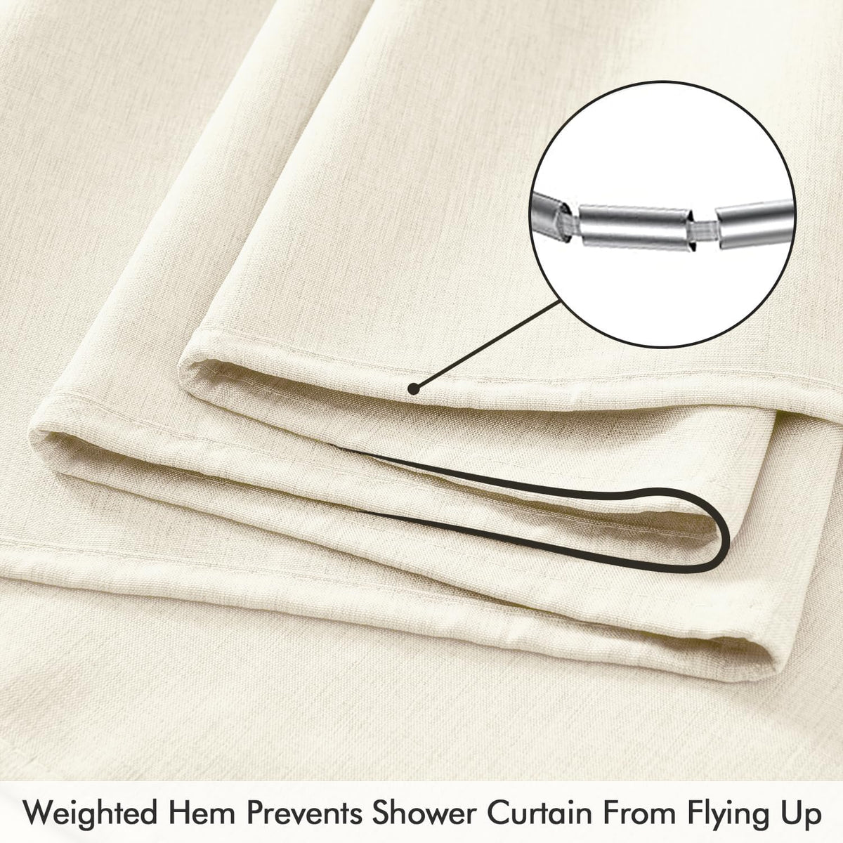 Cream Beige Linen Textured Fabric Shower Curtain Set - W72xL72