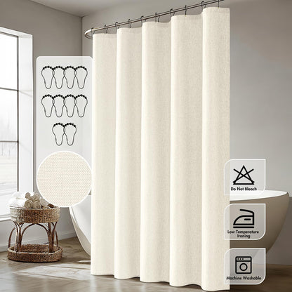 Cream Beige Linen Textured Fabric Shower Curtain Set - W72xL72