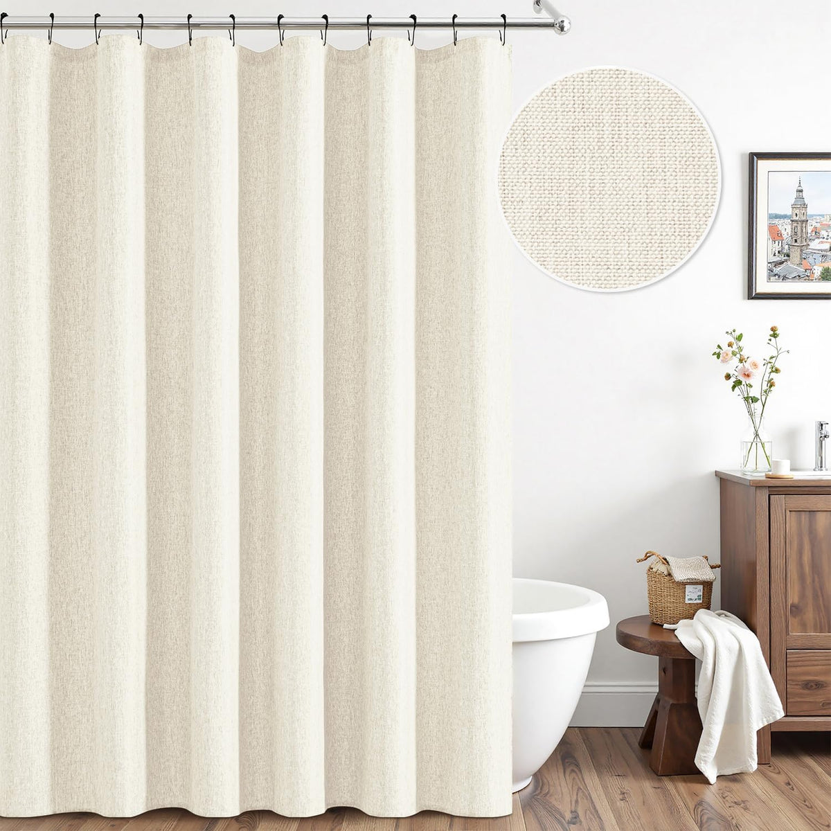 Cream Beige Linen Textured Fabric Shower Curtain Set - W72xL72