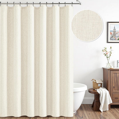 Cream Beige Linen Textured Fabric Shower Curtain Set - W72xL72