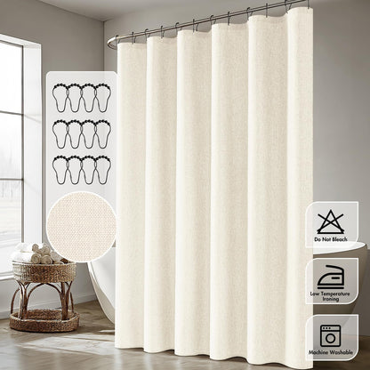 Cream Beige Linen Textured Fabric Shower Curtain Set - W72xL72