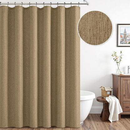 Cream Beige Linen Textured Fabric Shower Curtain Set - W72xL72