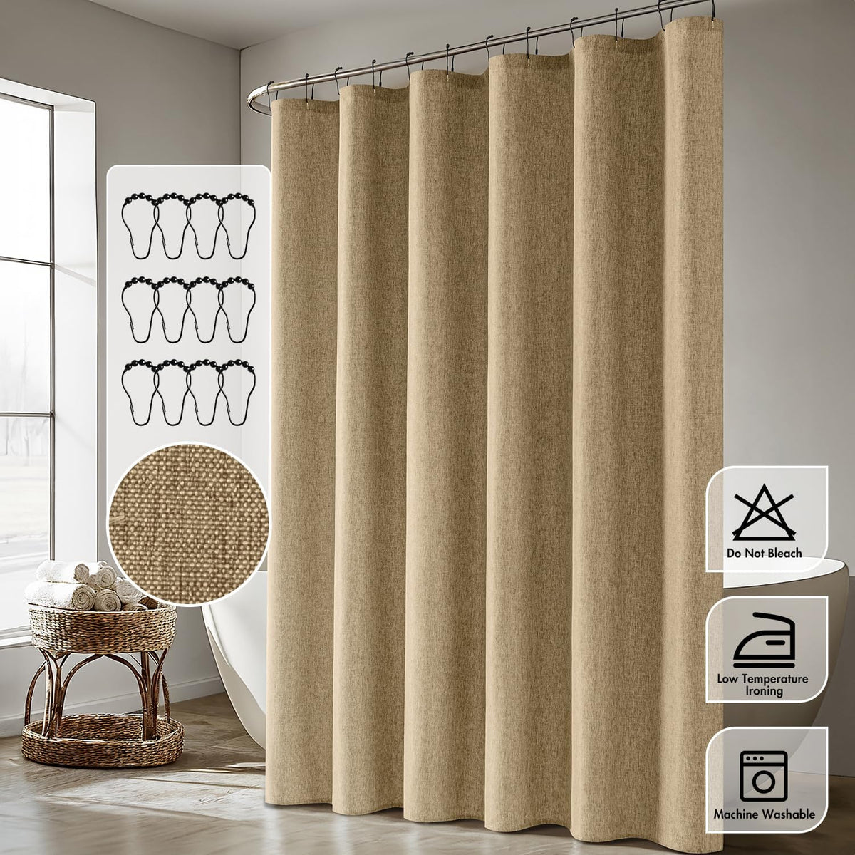 Cream Beige Linen Textured Fabric Shower Curtain Set - W72xL72