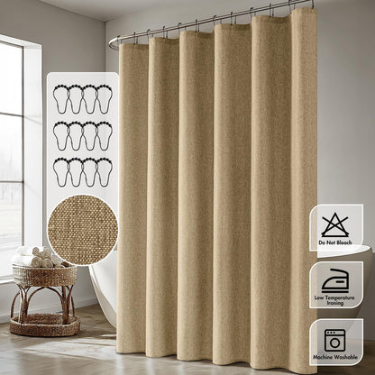 Cream Beige Linen Textured Fabric Shower Curtain Set - W72xL72