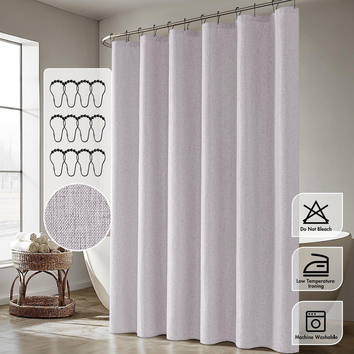 Cream Beige Linen Textured Fabric Shower Curtain Set - W72xL72