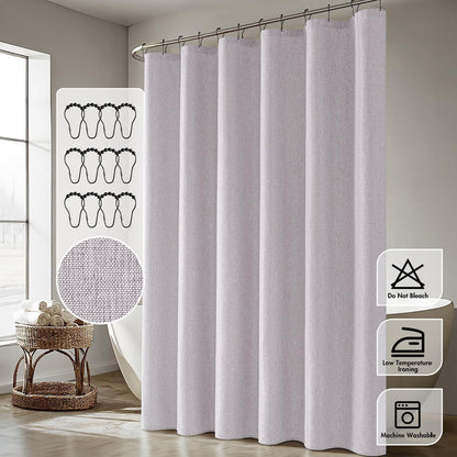 Cream Beige Linen Textured Fabric Shower Curtain Set - W72xL72