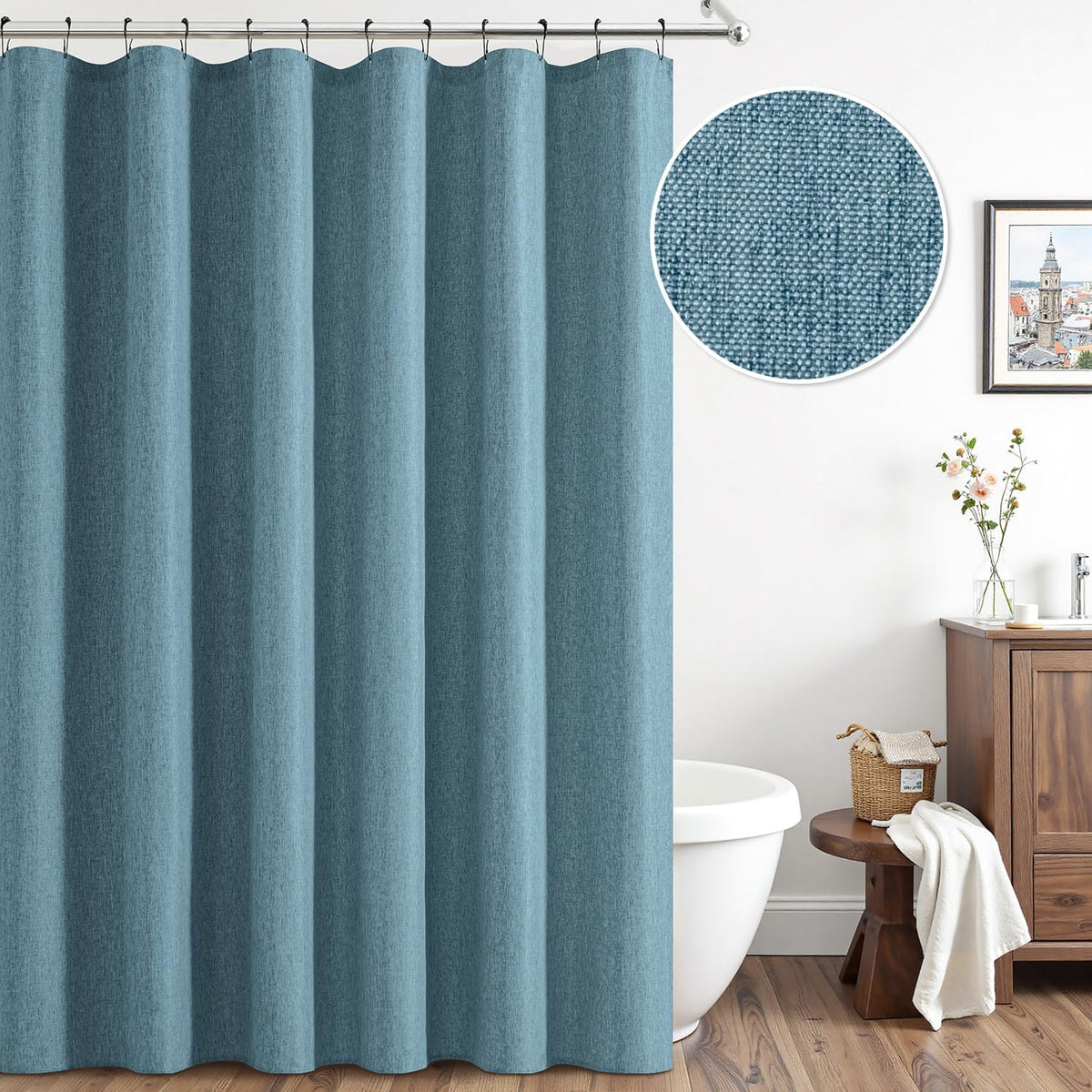 Cream Beige Linen Textured Fabric Shower Curtain Set - W72xL72