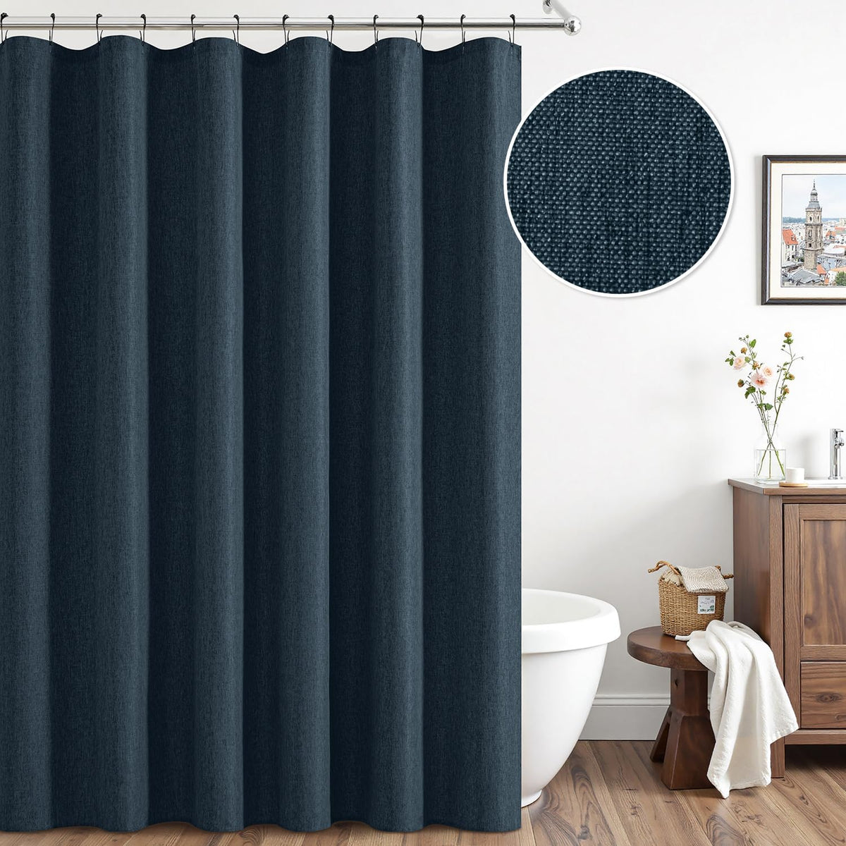 Cream Beige Linen Textured Fabric Shower Curtain Set - W72xL72