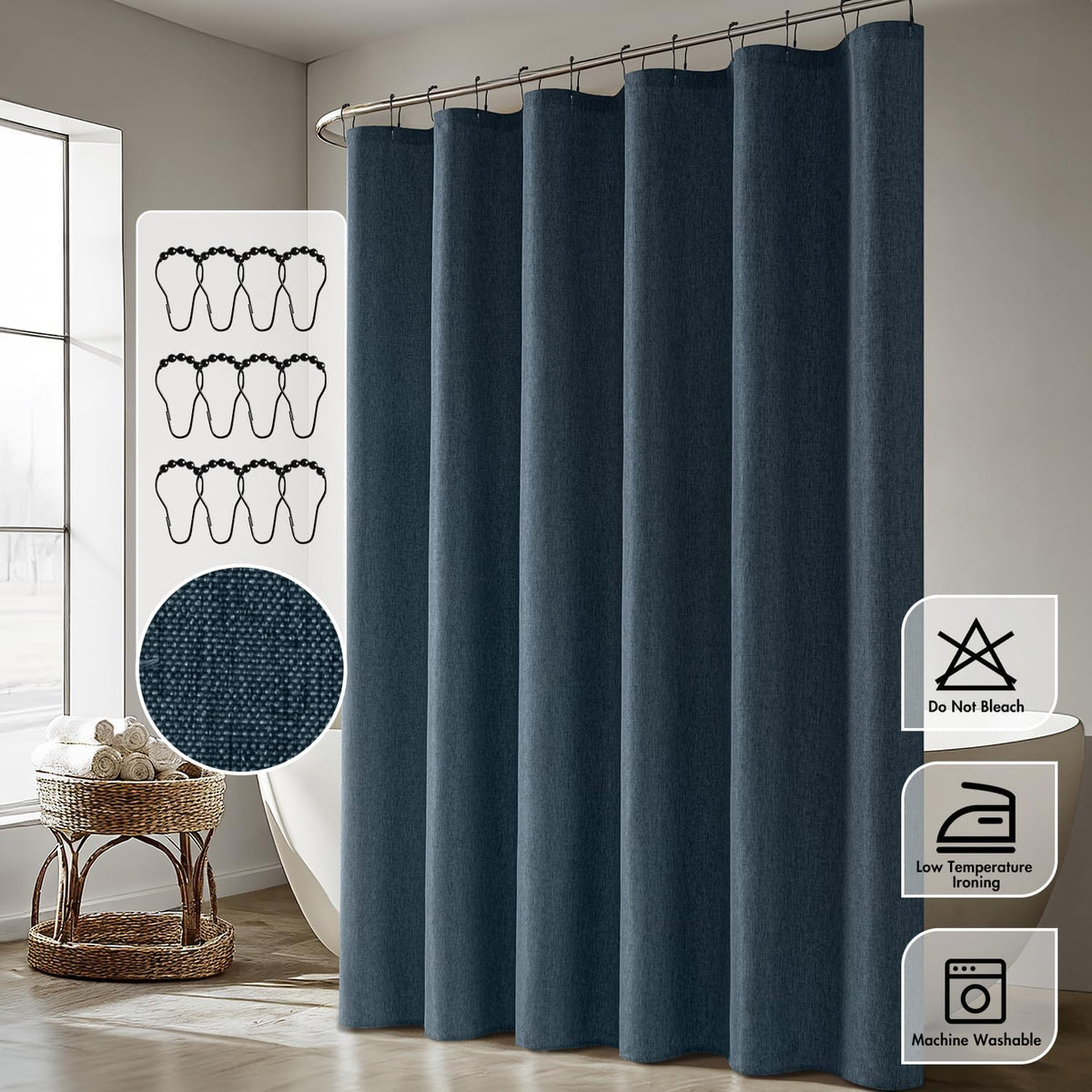 Cream Beige Linen Textured Fabric Shower Curtain Set - W72xL72