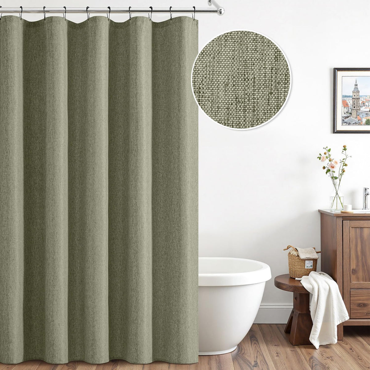 Cream Beige Linen Textured Fabric Shower Curtain Set - W72xL72