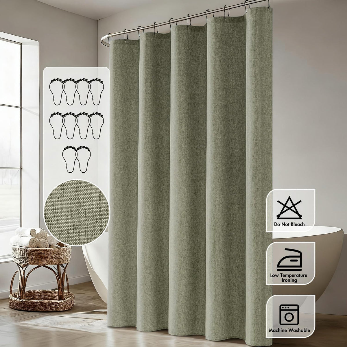 Cream Beige Linen Textured Fabric Shower Curtain Set - W72xL72