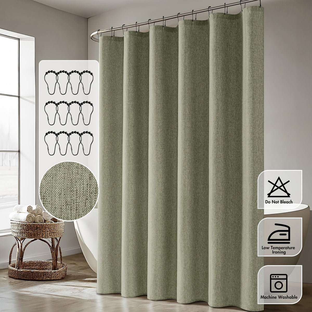 Cream Beige Linen Textured Fabric Shower Curtain Set - W72xL72