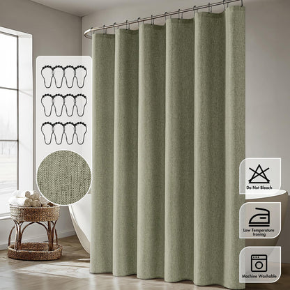 Cream Beige Linen Textured Fabric Shower Curtain Set - W72xL72