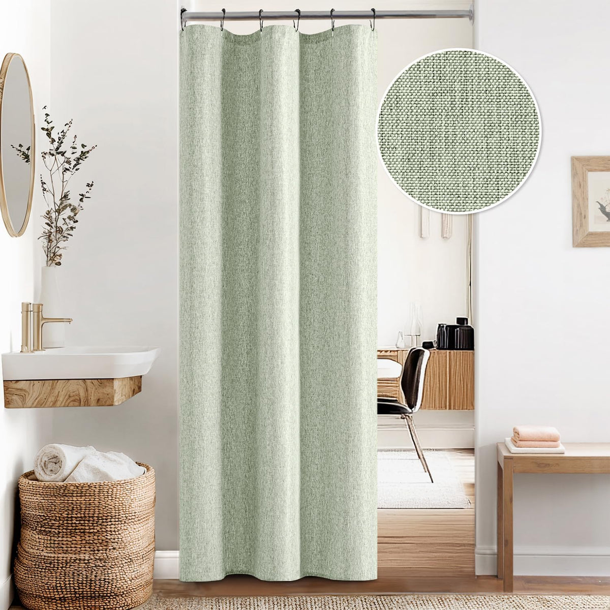 Cream Beige Linen Textured Fabric Shower Curtain Set - W72xL72
