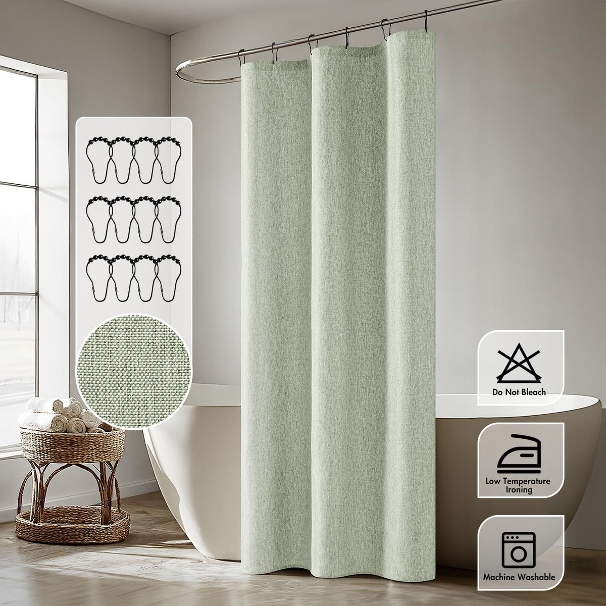 Cream Beige Linen Textured Fabric Shower Curtain Set - W72xL72
