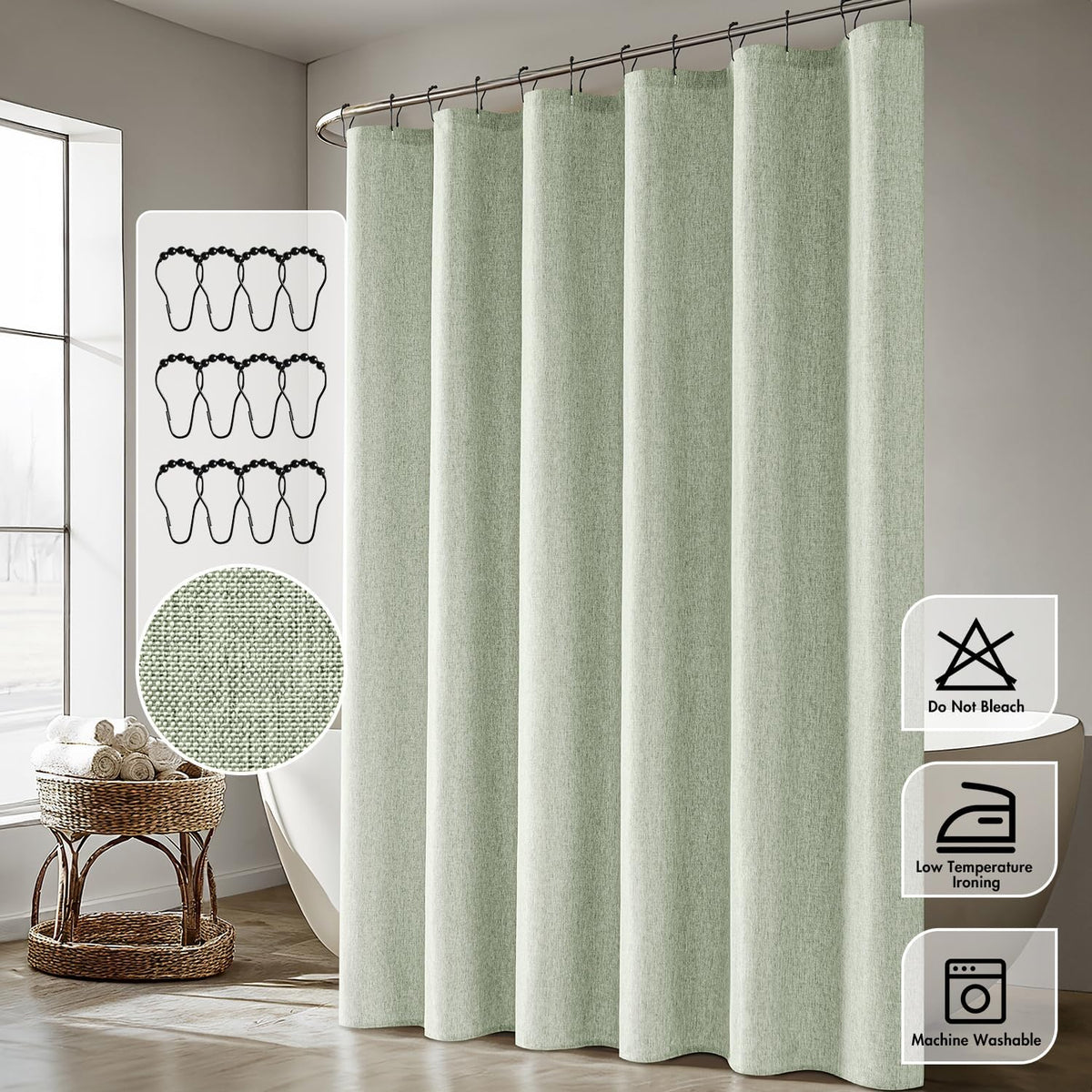 Cream Beige Linen Textured Fabric Shower Curtain Set - W72xL72
