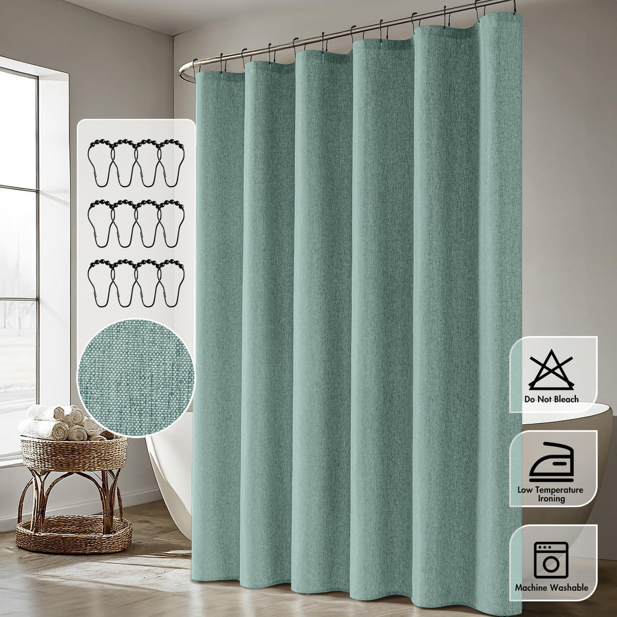 Cream Beige Linen Textured Fabric Shower Curtain Set - W72xL72