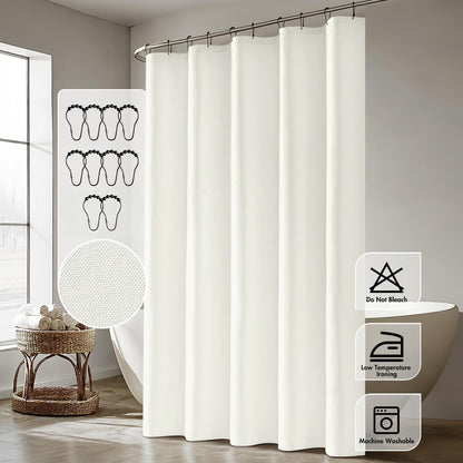 Cream Beige Linen Textured Fabric Shower Curtain Set - W72xL72