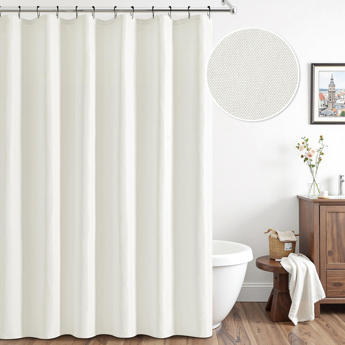 Cream Beige Linen Textured Fabric Shower Curtain Set - W72xL72