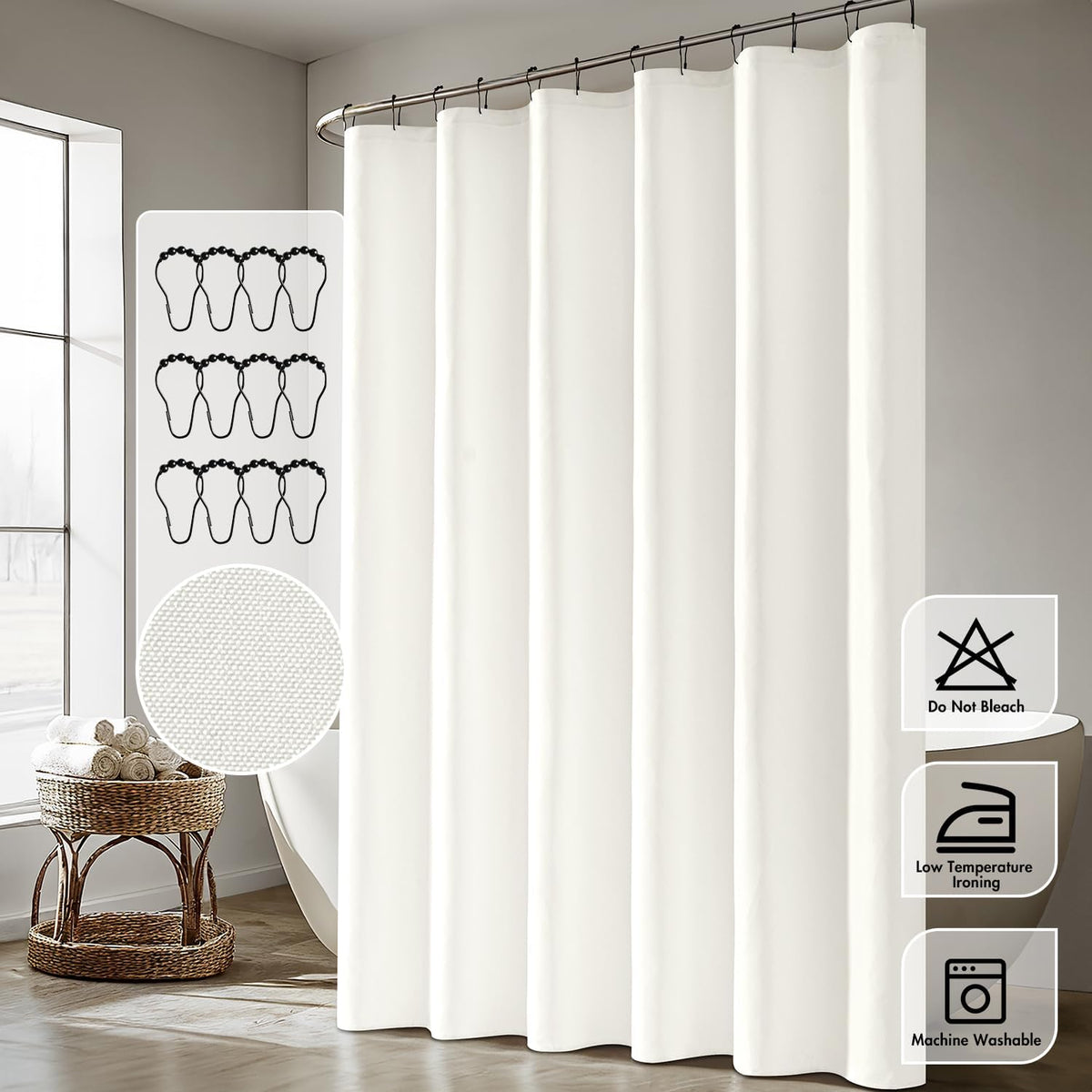 Cream Beige Linen Textured Fabric Shower Curtain Set - W72xL72