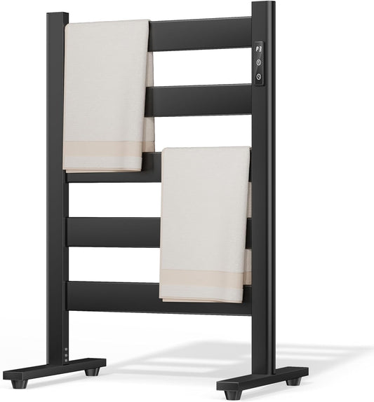 6-Bar Freestanding Heated Towel Warmer with PTC Fast Heating | 170°F Adjustable Temperature, 2-12H Timer & Memory Function, Freestanding Design, Wide Bar Rack for Towels, Matte Black