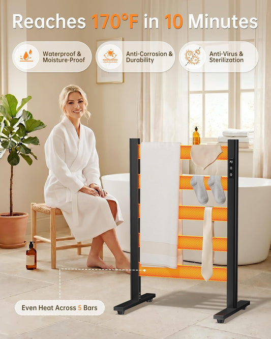 6-Bar Freestanding Heated Towel Warmer with PTC Fast Heating | 170°F Adjustable Temperature, 2-12H Timer & Memory Function, Freestanding Design, Wide Bar Rack for Towels, Matte Black