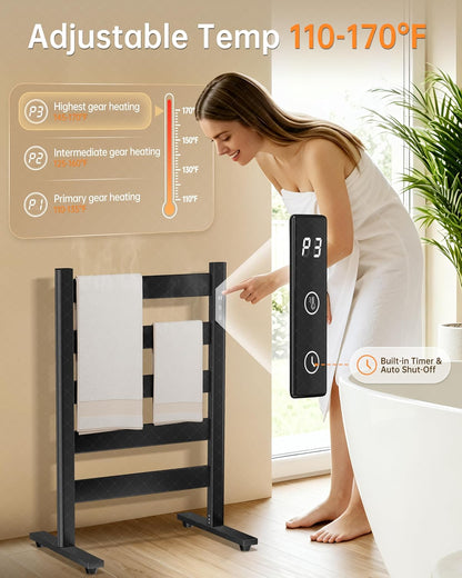 6-Bar Freestanding Heated Towel Warmer with PTC Fast Heating | 170°F Adjustable Temperature, 2-12H Timer & Memory Function, Freestanding Design, Wide Bar Rack for Towels, Matte Black