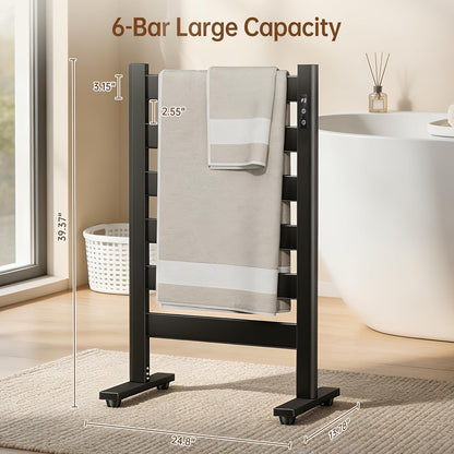 6-Bar Freestanding Heated Towel Warmer with PTC Fast Heating | 170°F Adjustable Temperature, 2-12H Timer & Memory Function, Freestanding Design, Wide Bar Rack for Towels, Matte Black