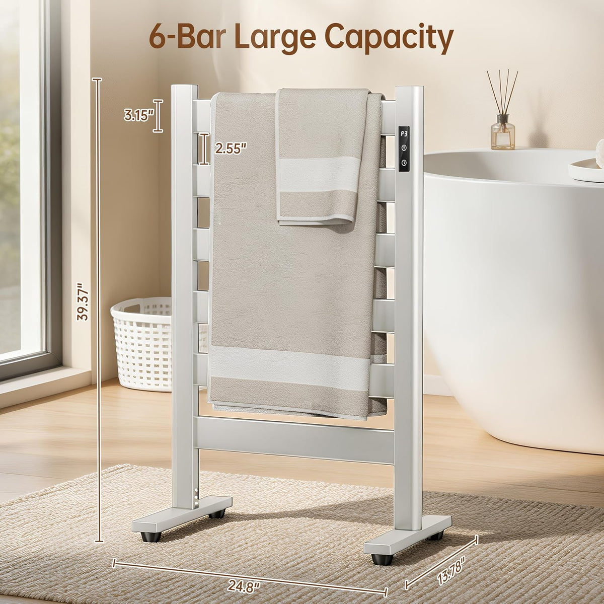 6-Bar Freestanding Heated Towel Warmer with PTC Fast Heating | 170°F Adjustable Temperature, 2-12H Timer & Memory Function, Freestanding Design, Wide Bar Rack for Towels, Matte Black