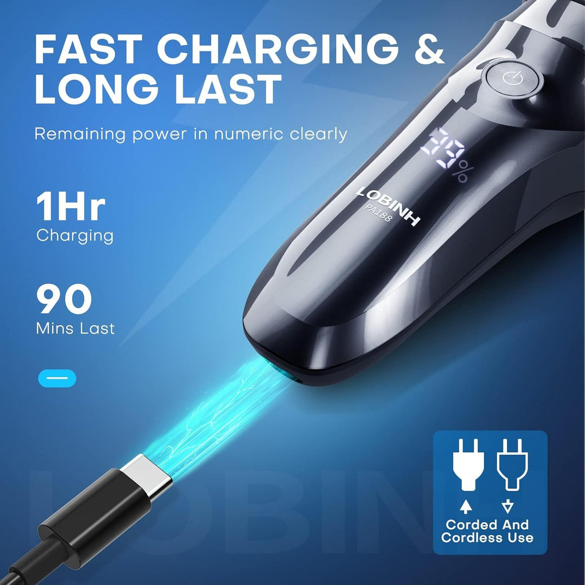 Electric Shaver for Men, 100% Washable Rotary Shaver, Men's Electric Razor | Rechargeable Waterproof, Wet & Dry Shaving with Pop-up Trimmer, 1 Hour Fast Charging, 4D Floating Head, LCD Power Indicator