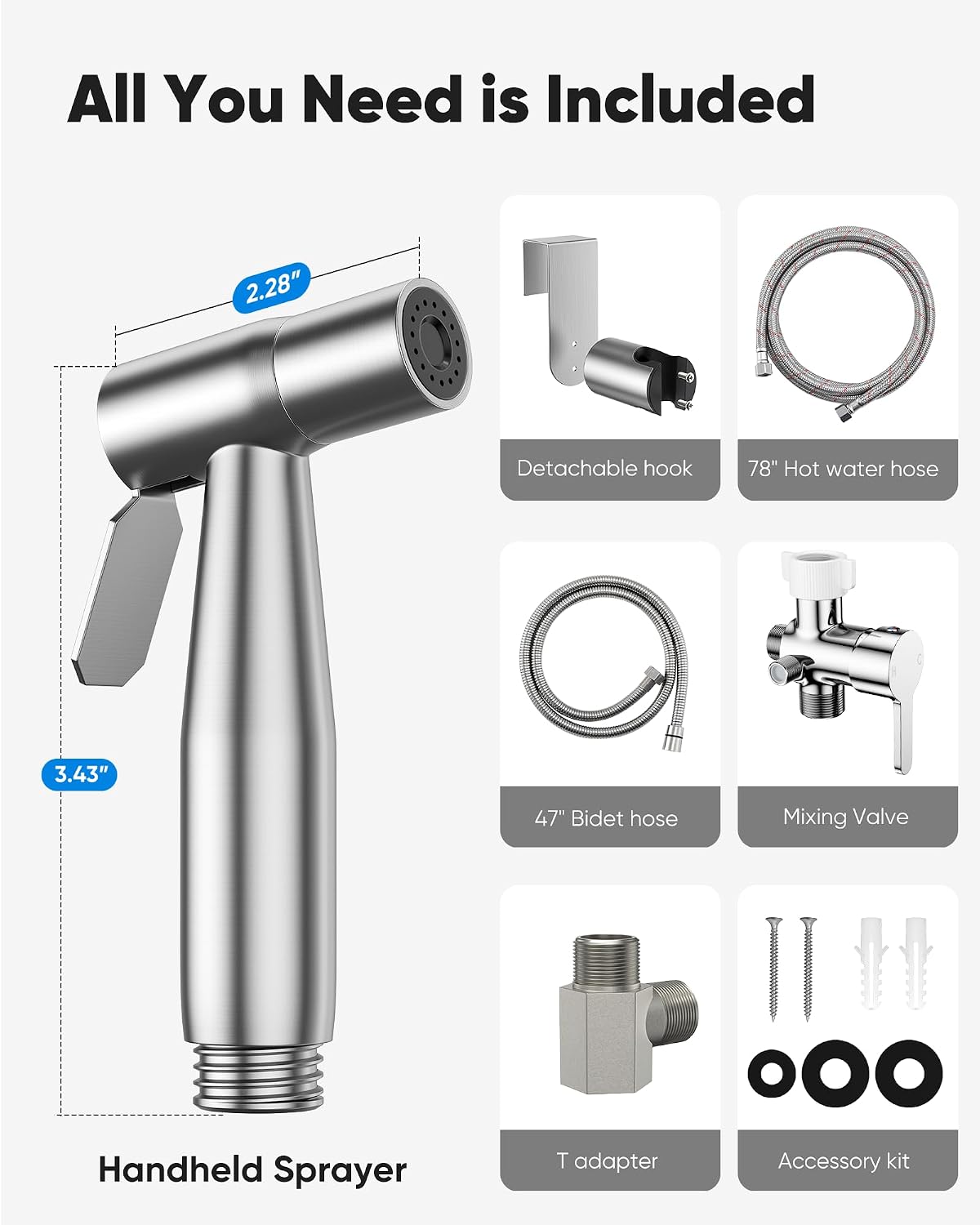 Handheld Bidet Sprayer, Bidet Attachment for Toilet, Brushed Nickel