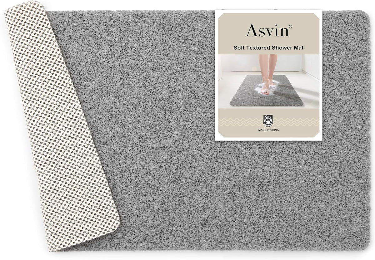 Soft Textured Bath, Shower, Tub Mat, 24x16 Inch Rectangular, Phthalate Free, Non Slip Comfort Bathtub Mats with Drain, PVC Loofah Bathroom Mat for Wet Areas, Quick Drying, Grey
