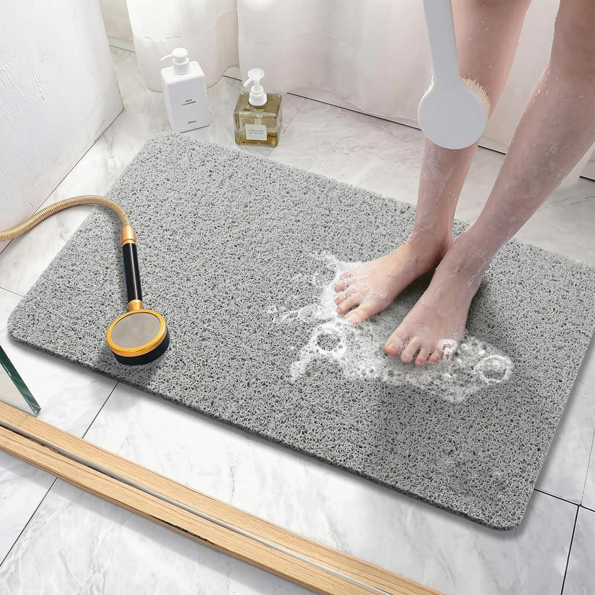 Soft Textured Bath, Shower, Tub Mat, 24x16 Inch Rectangular, Phthalate Free, Non Slip Comfort Bathtub Mats with Drain, PVC Loofah Bathroom Mat for Wet Areas, Quick Drying, Grey
