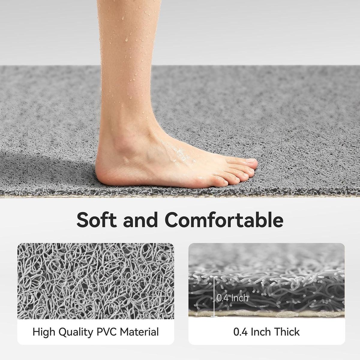 Soft Textured Bath, Shower, Tub Mat, 24x16 Inch Rectangular, Phthalate Free, Non Slip Comfort Bathtub Mats with Drain, PVC Loofah Bathroom Mat for Wet Areas, Quick Drying, Grey