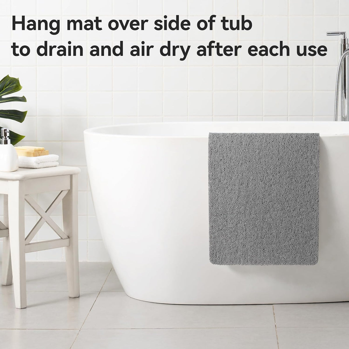 Soft Textured Bath, Shower, Tub Mat, 24x16 Inch Rectangular, Phthalate Free, Non Slip Comfort Bathtub Mats with Drain, PVC Loofah Bathroom Mat for Wet Areas, Quick Drying, Grey